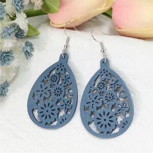 Earrings Wooden Water Drop Flower Cut Out Charm Dangle Blue Ink Pierced
